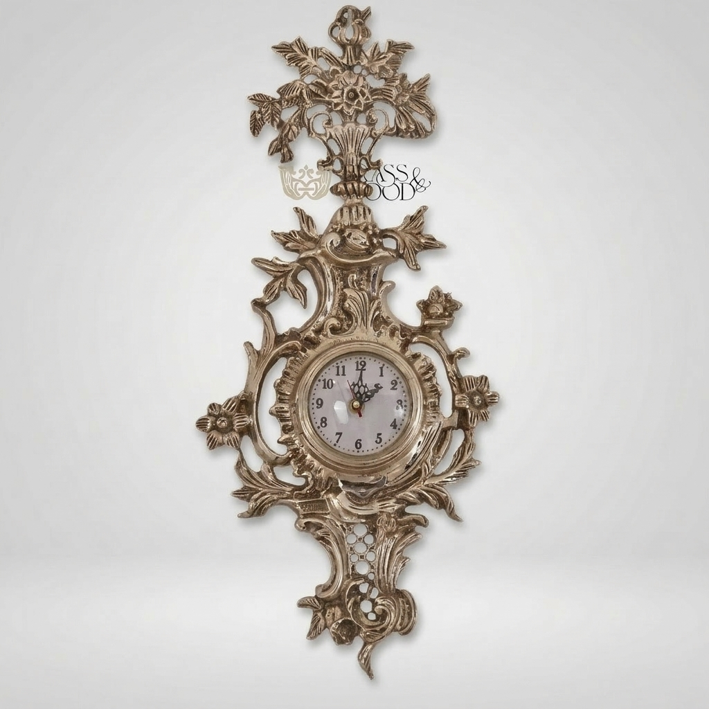 Rococo Gilt Cartel Wall Clock with Floral Bouquet Crest — Silver