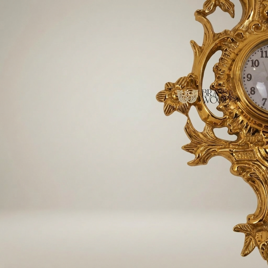 Rococo Gilt Cartel Wall Clock with Floral Bouquet Crest — Gold