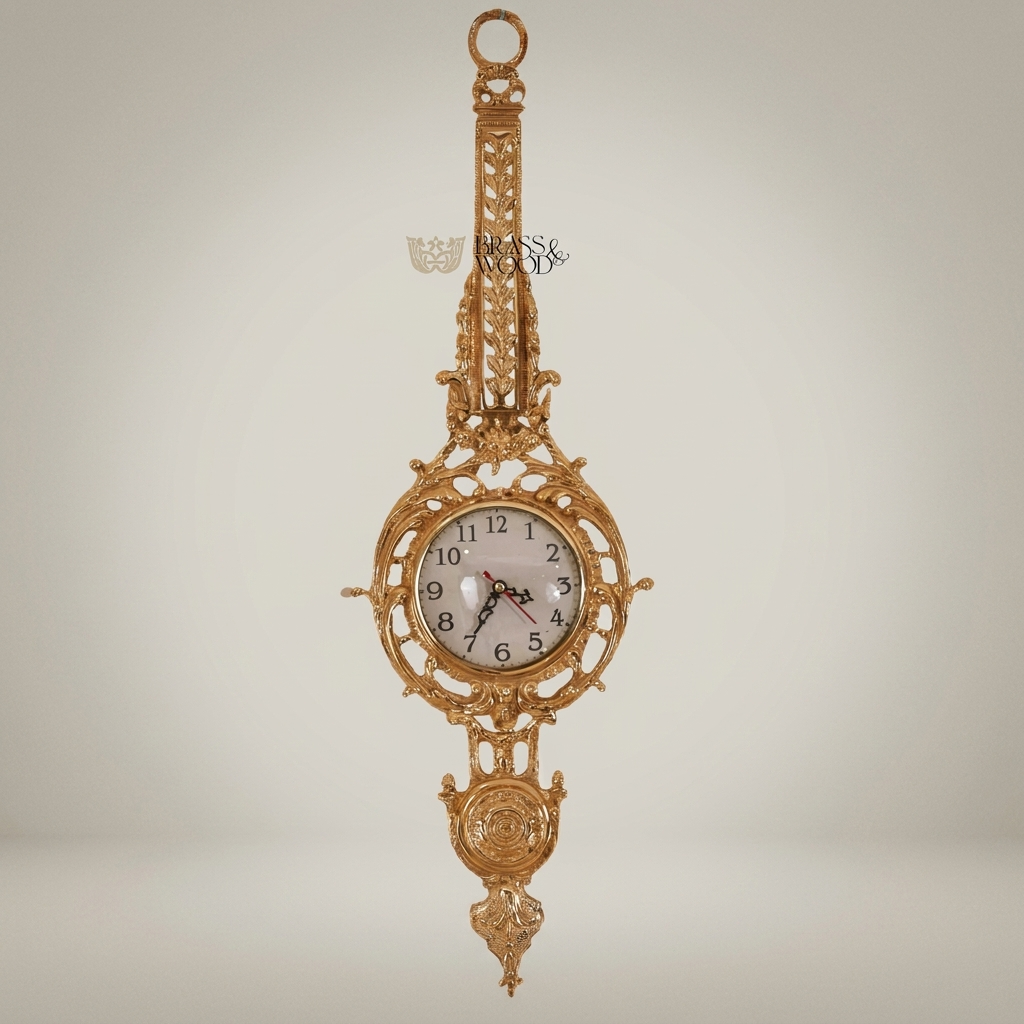 Rococo Gilt Cartel Wall Clock — Pierced Scrollwork Frame with Pendulum Drop