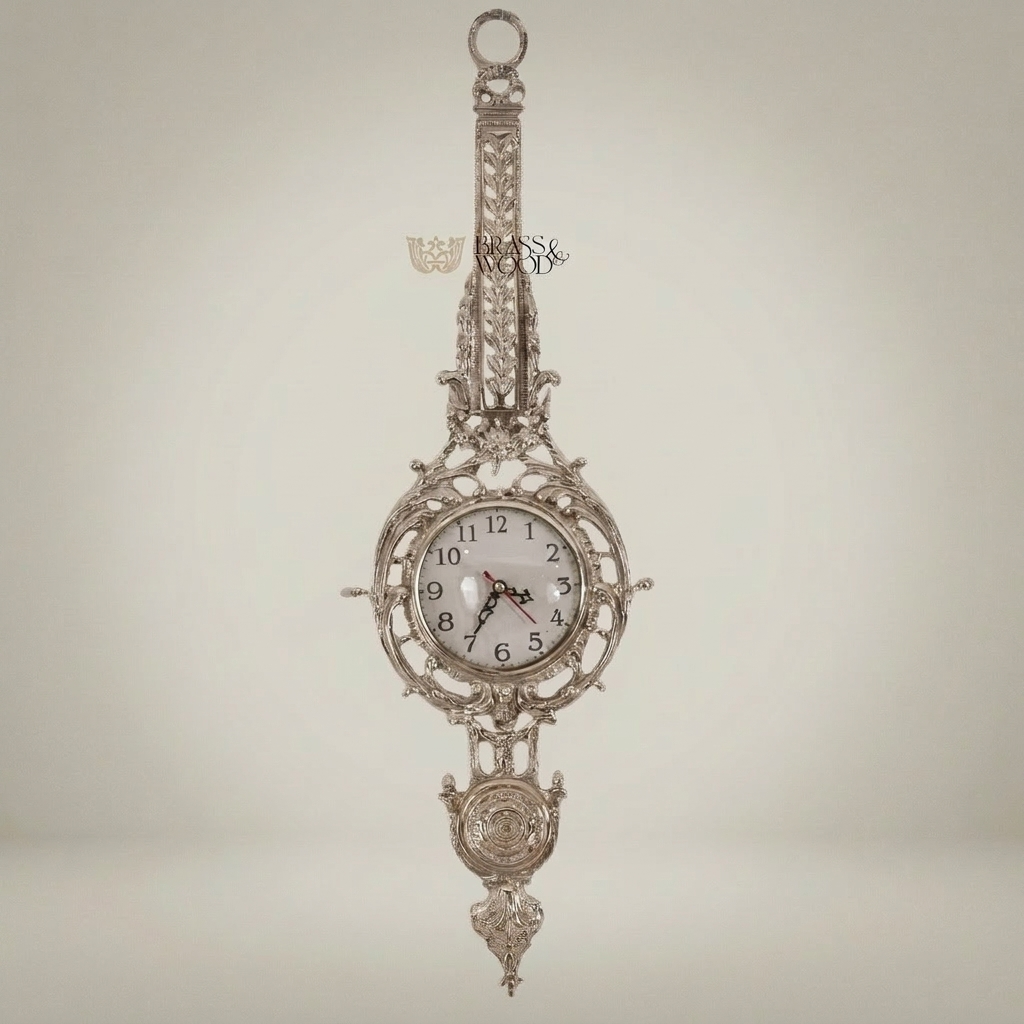 Rococo Gilt Cartel Wall Clock — Pierced Scrollwork Frame with Pendulum Drop — Silver