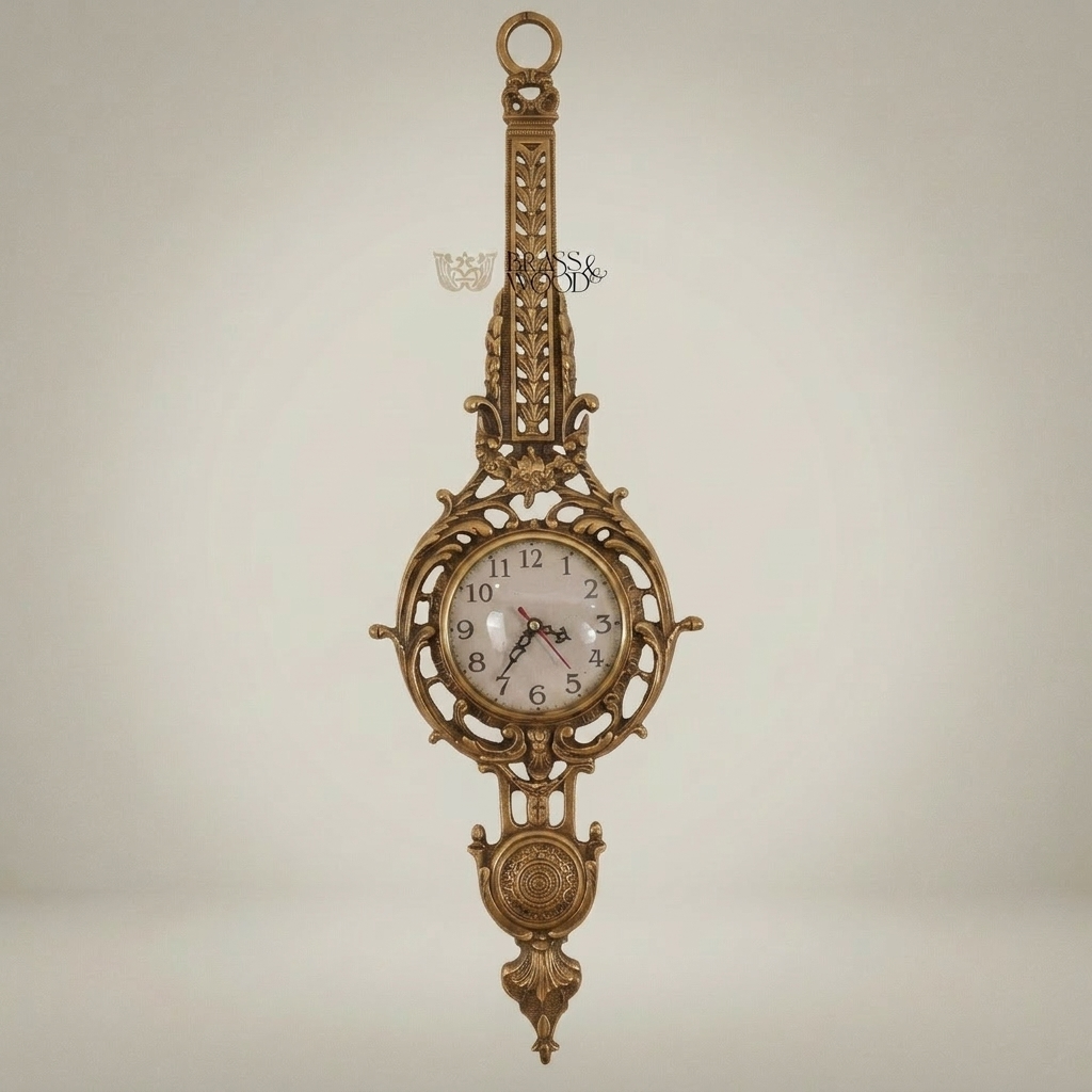 Rococo Gilt Cartel Wall Clock — Pierced Scrollwork Frame with Pendulum Drop — Antique Gold
