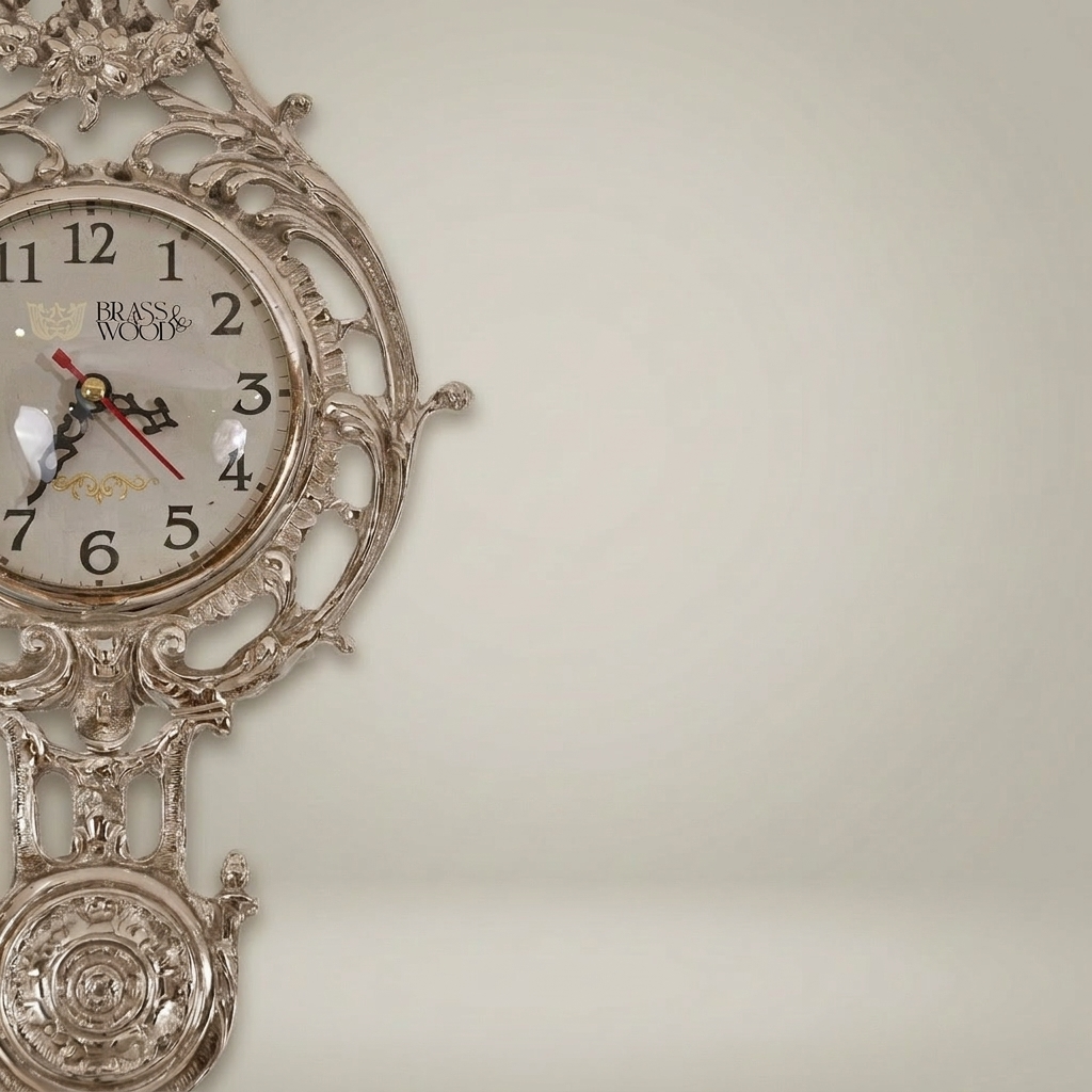 Rococo Gilt Cartel Wall Clock — Pierced Scrollwork Frame with Pendulum Drop — Silver