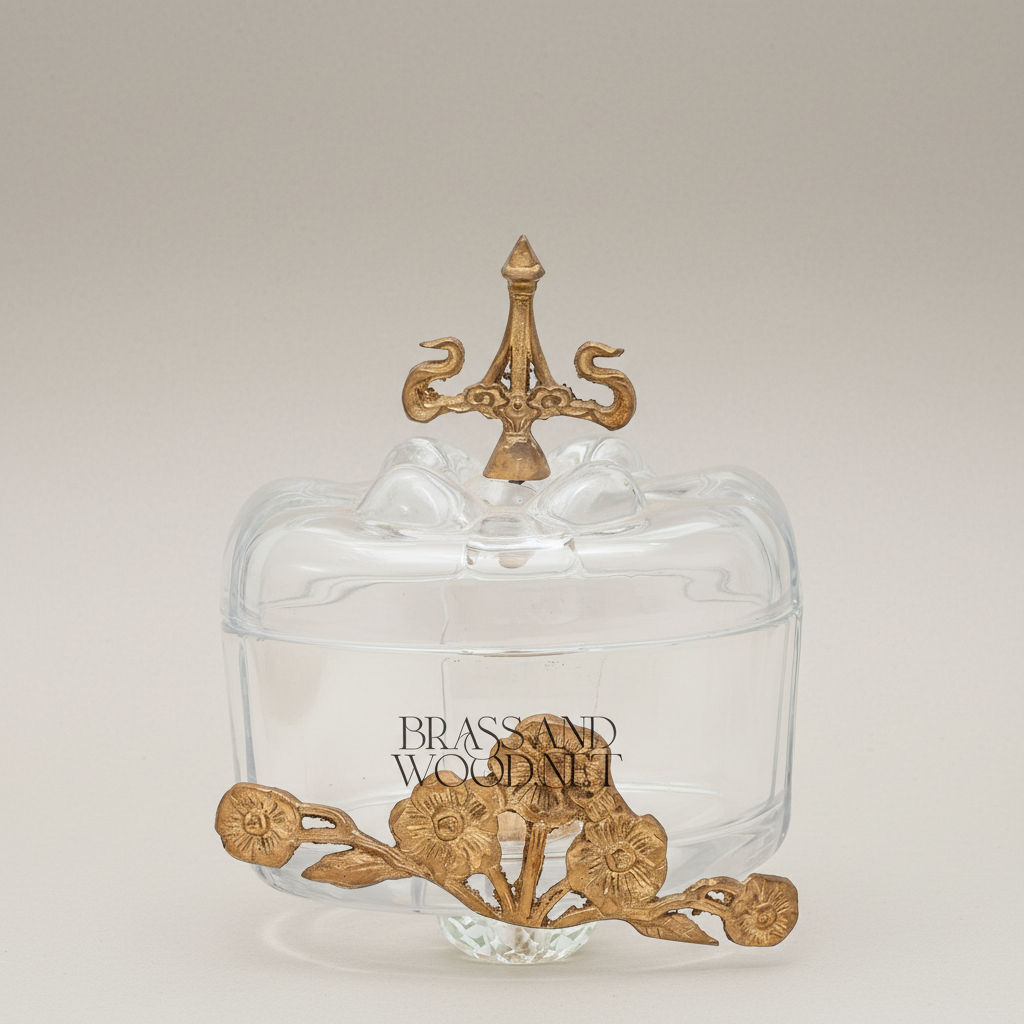 Rococo Glass Bonbonniere with Floral Brass Stand & Finial Lid