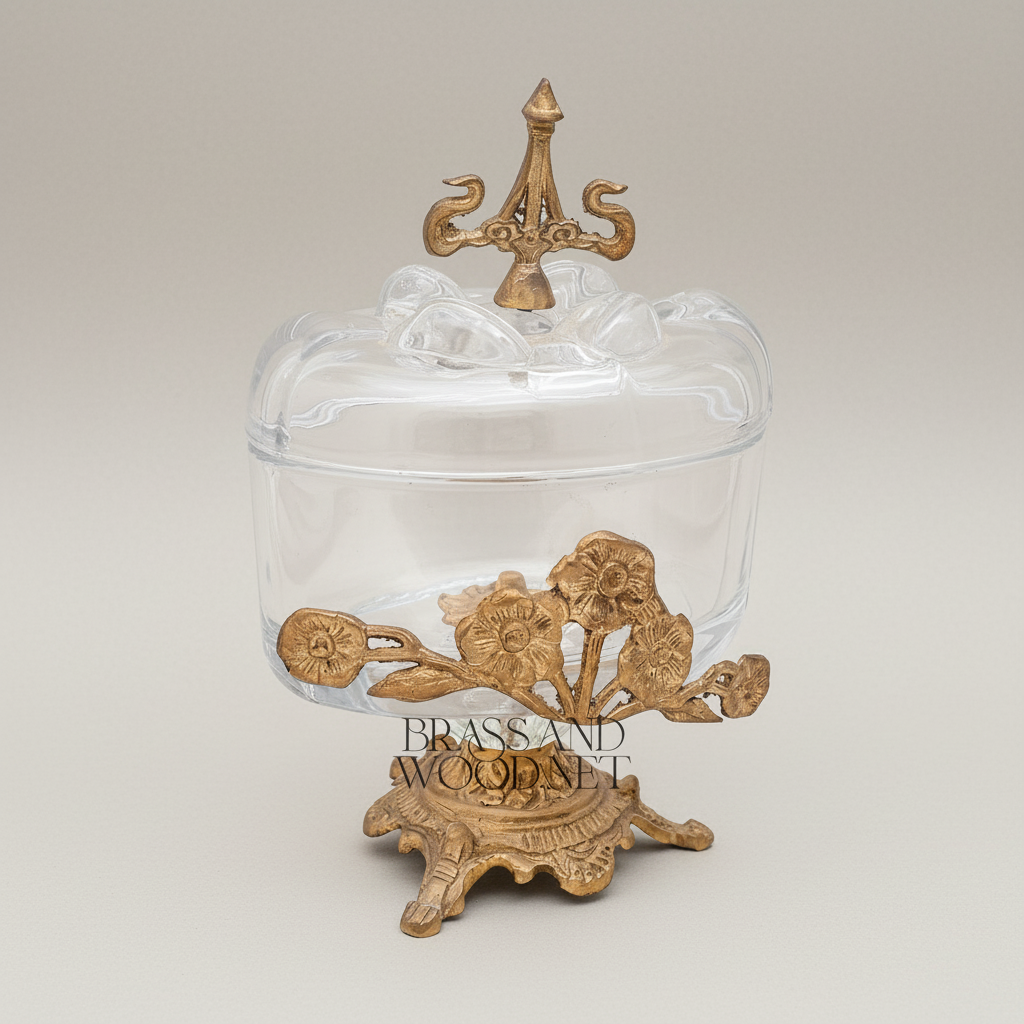 Rococo Glass Bonbonniere with Floral Brass Stand & Finial Lid — Antique Gold