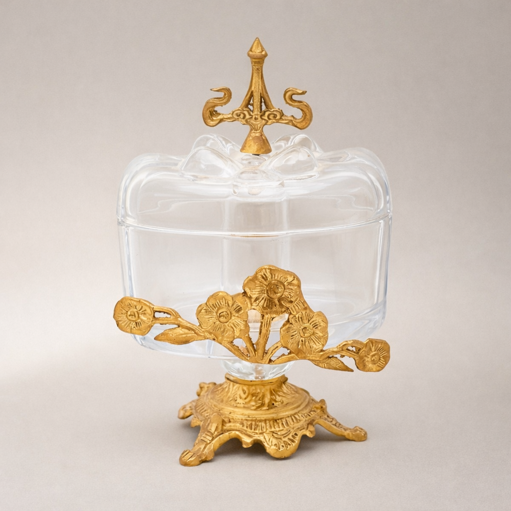 Rococo Glass Bonbonniere with Floral Brass Stand & Finial Lid — Gold