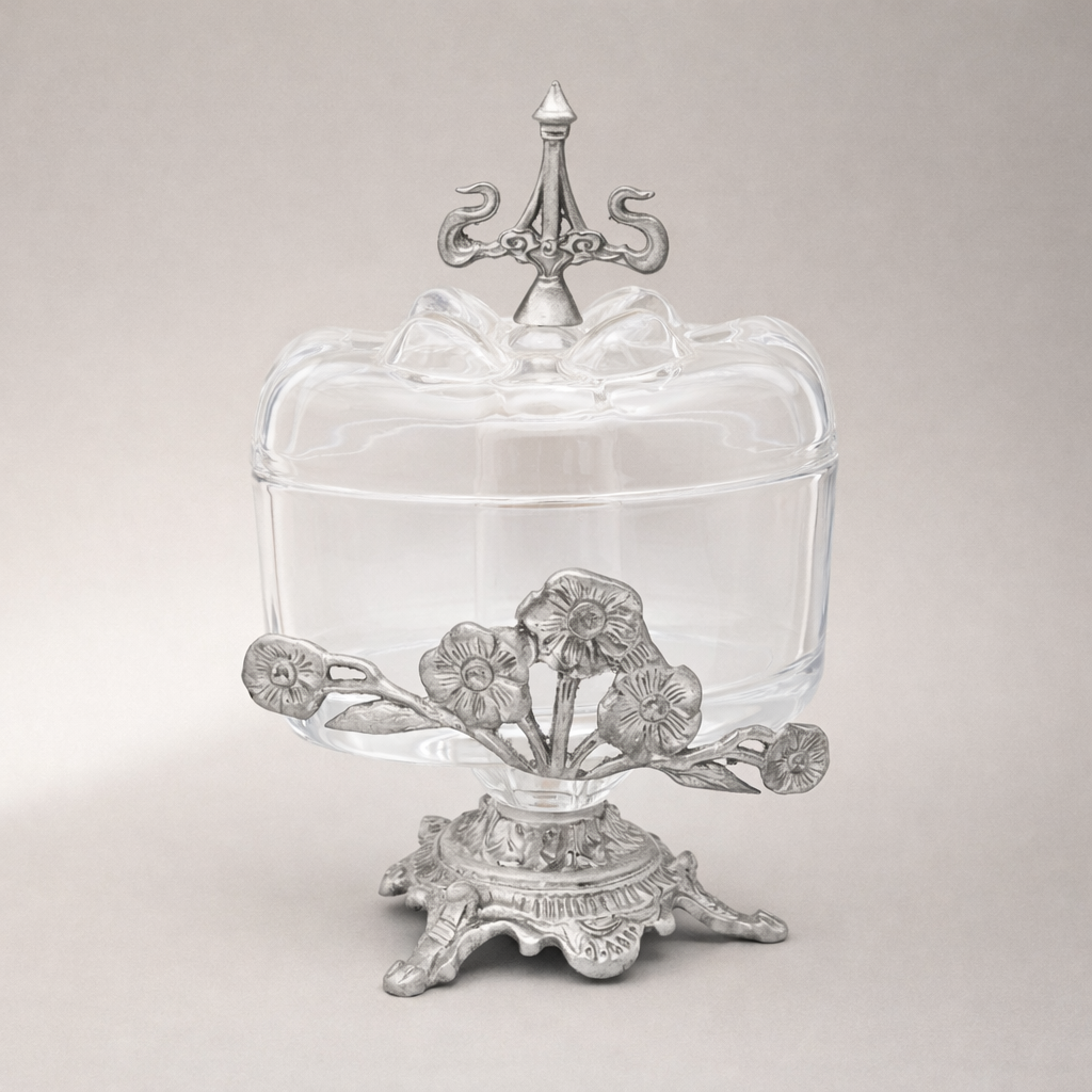 Rococo Glass Bonbonniere with Floral Brass Stand & Finial Lid — Silver
