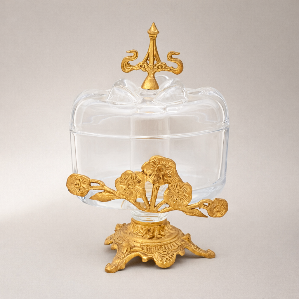 Rococo Glass Bonbonniere with Floral Brass Stand & Finial Lid — Gold
