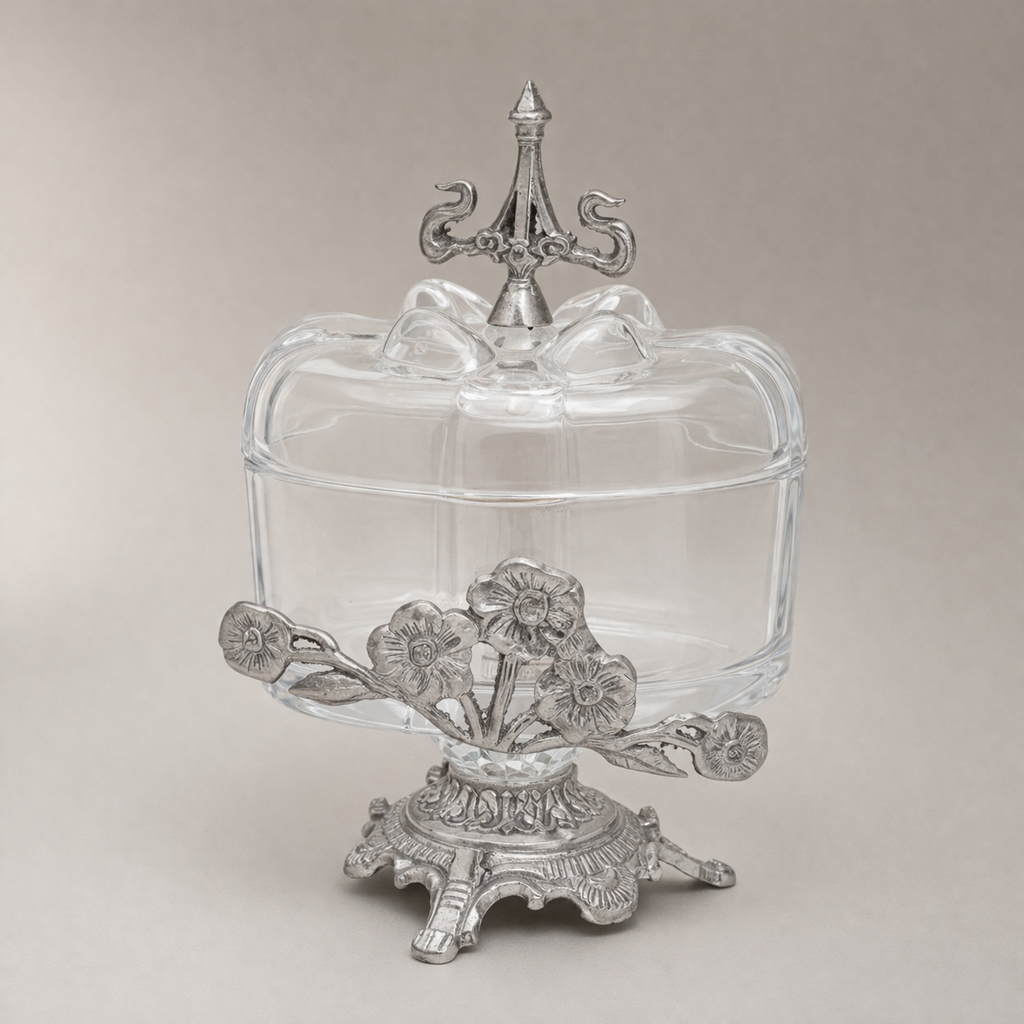 Rococo Glass Bonbonniere with Floral Brass Stand & Finial Lid — Silver