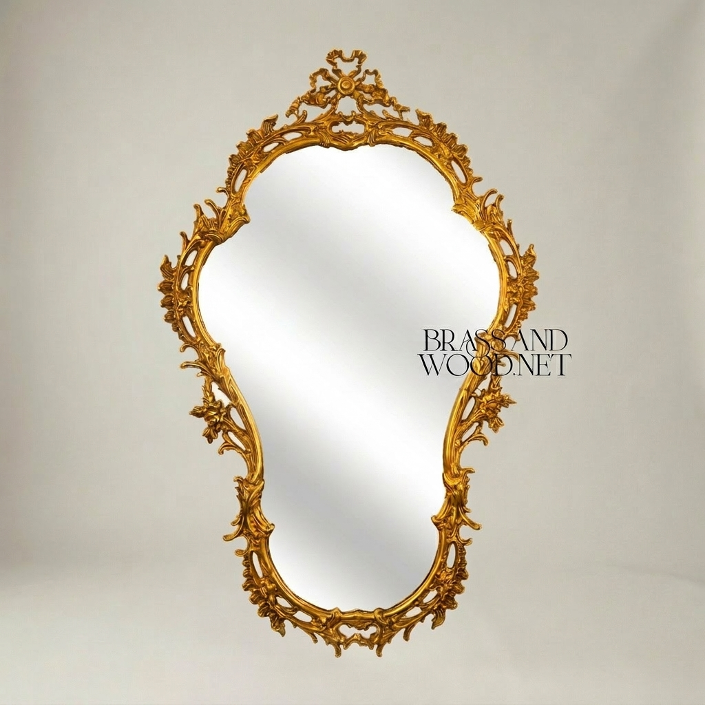 Rococo Hand-Carved Asymmetric Wall Mirror with Pierced Acanthus & Ribbon Crest — Gold