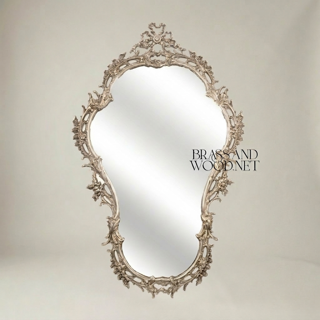 Rococo Hand-Carved Asymmetric Wall Mirror with Pierced Acanthus & Ribbon Crest — Silver