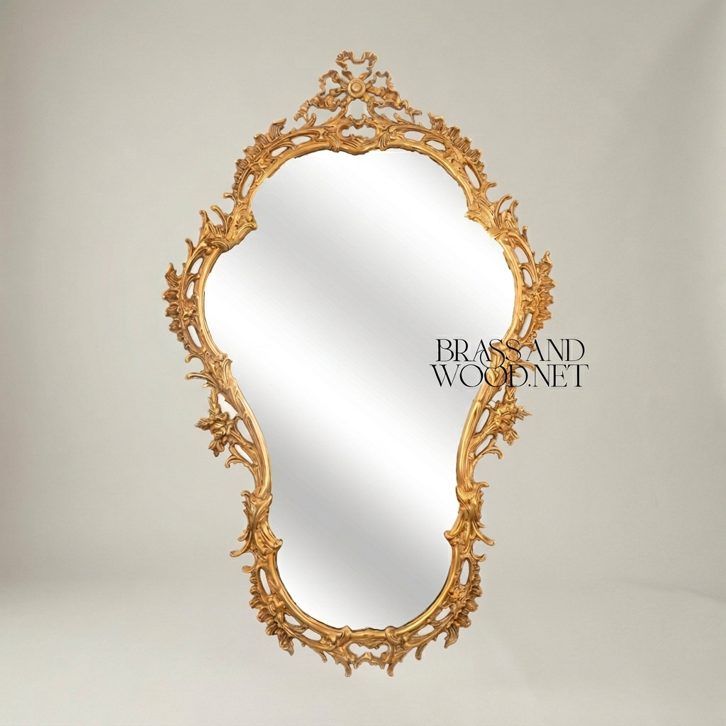 Rococo Hand-Carved Asymmetric Wall Mirror with Pierced Acanthus & Ribbon Crest — Antique Gold