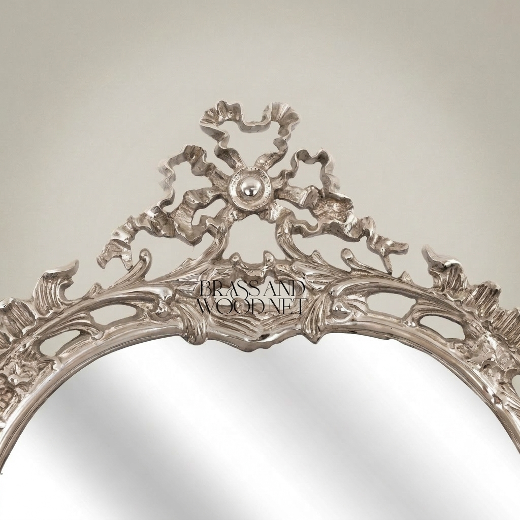 Rococo Hand-Carved Asymmetric Wall Mirror with Pierced Acanthus & Ribbon Crest — Silver