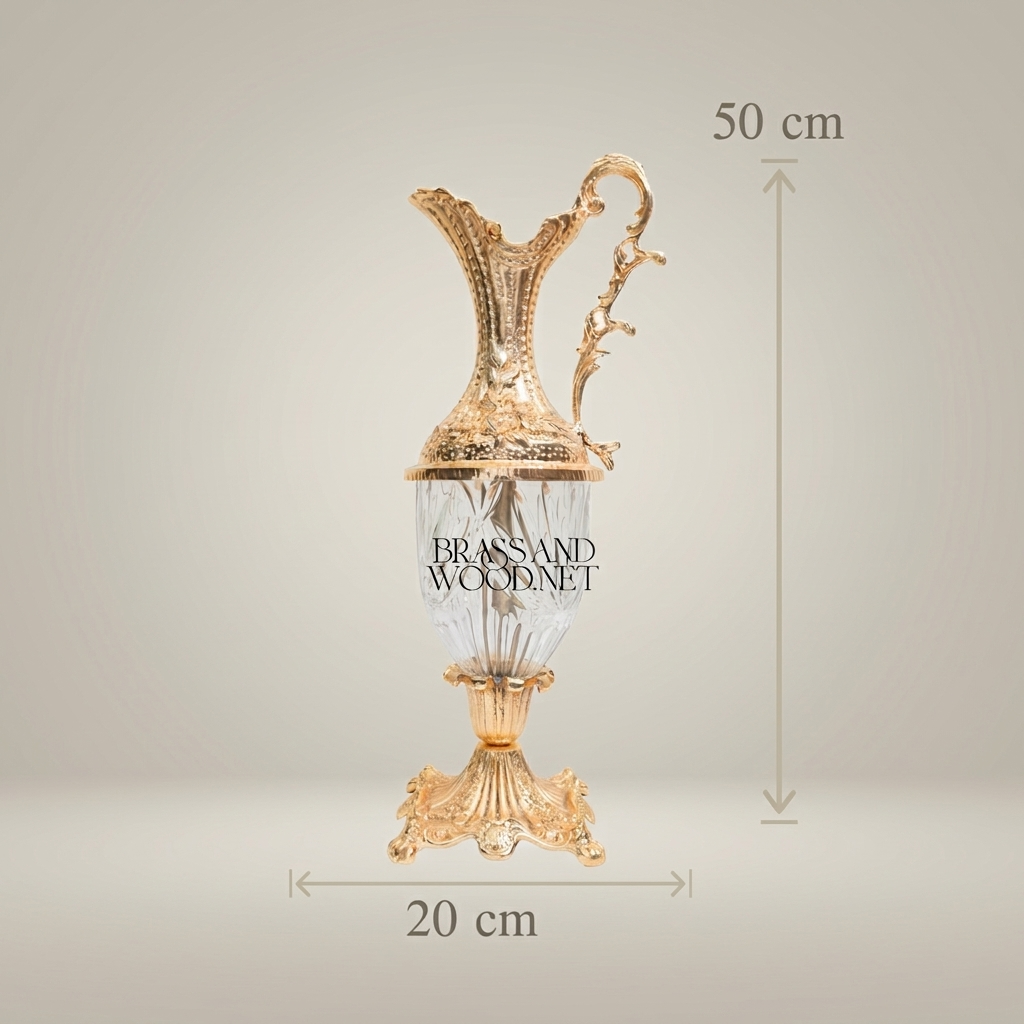 Rococo Crystal & Brass Ewer Vase - Hand-Chased Floral Neck with Cut-Crystal Body