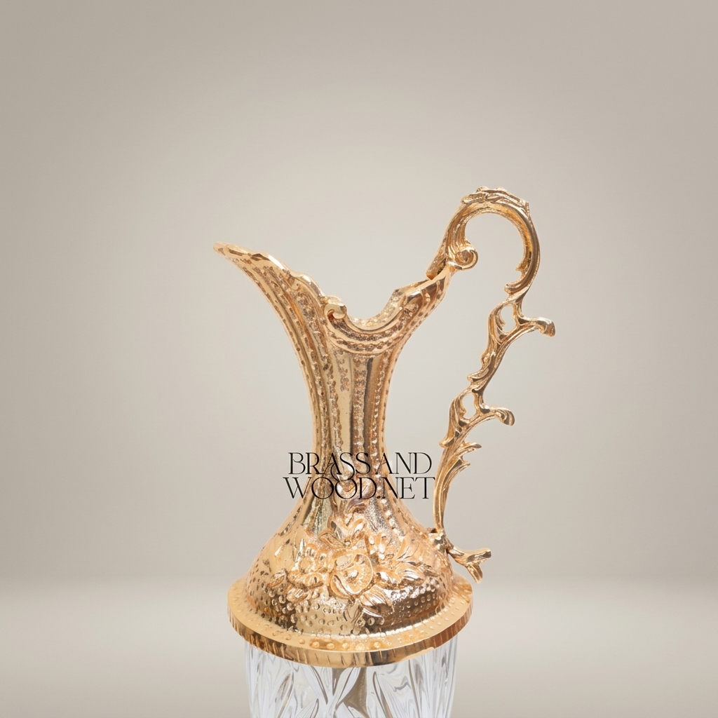 Rococo Crystal & Brass Ewer Vase - Hand-Chased Floral Neck with Cut-Crystal Body