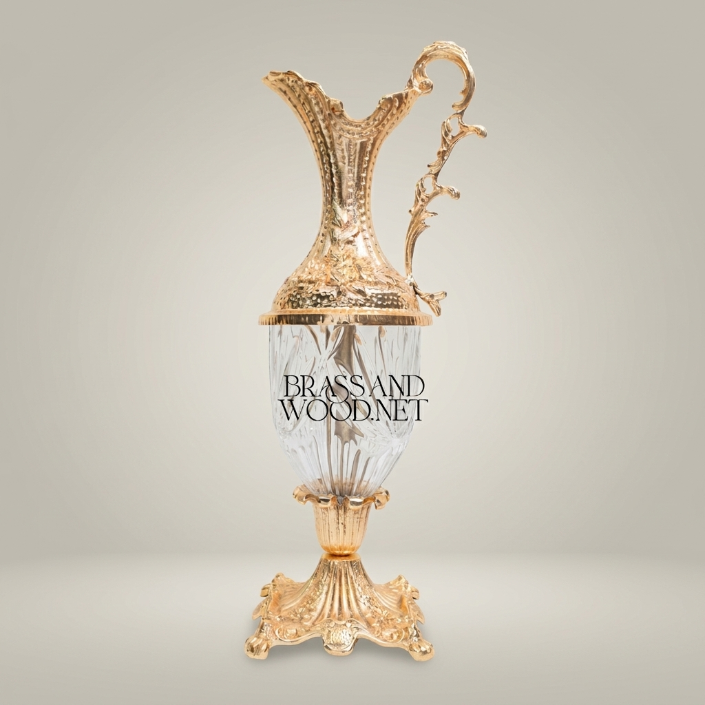 Rococo Crystal & Brass Ewer Vase - Hand-Chased Floral Neck with Cut-Crystal Body
