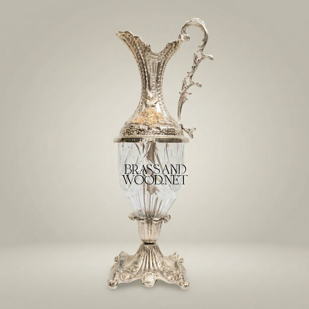 Rococo Crystal & Brass Ewer Vase - Hand-Chased Floral Neck with Cut-Crystal Body — Silver