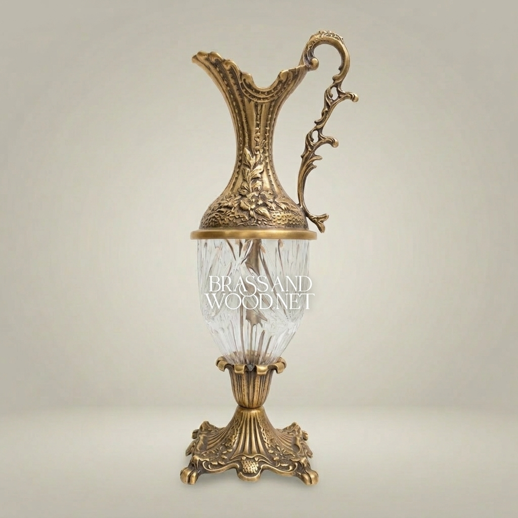 Rococo Crystal & Brass Ewer Vase - Hand-Chased Floral Neck with Cut-Crystal Body — Antique Gold