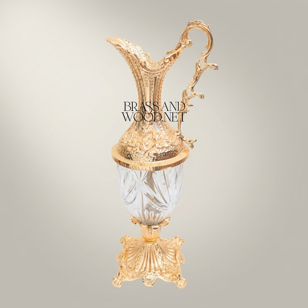 Rococo Crystal & Brass Ewer Vase - Hand-Chased Floral Neck with Cut-Crystal Body