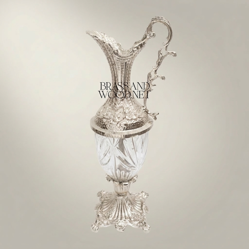 Rococo Crystal & Brass Ewer Vase - Hand-Chased Floral Neck with Cut-Crystal Body — Silver