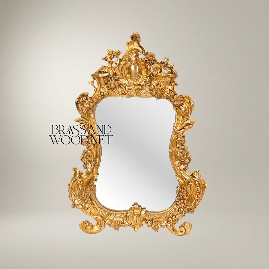 Rococo Hand-Carved Mirror with Acanthus Crown & Floral Rocaille Frame — Antique Gold