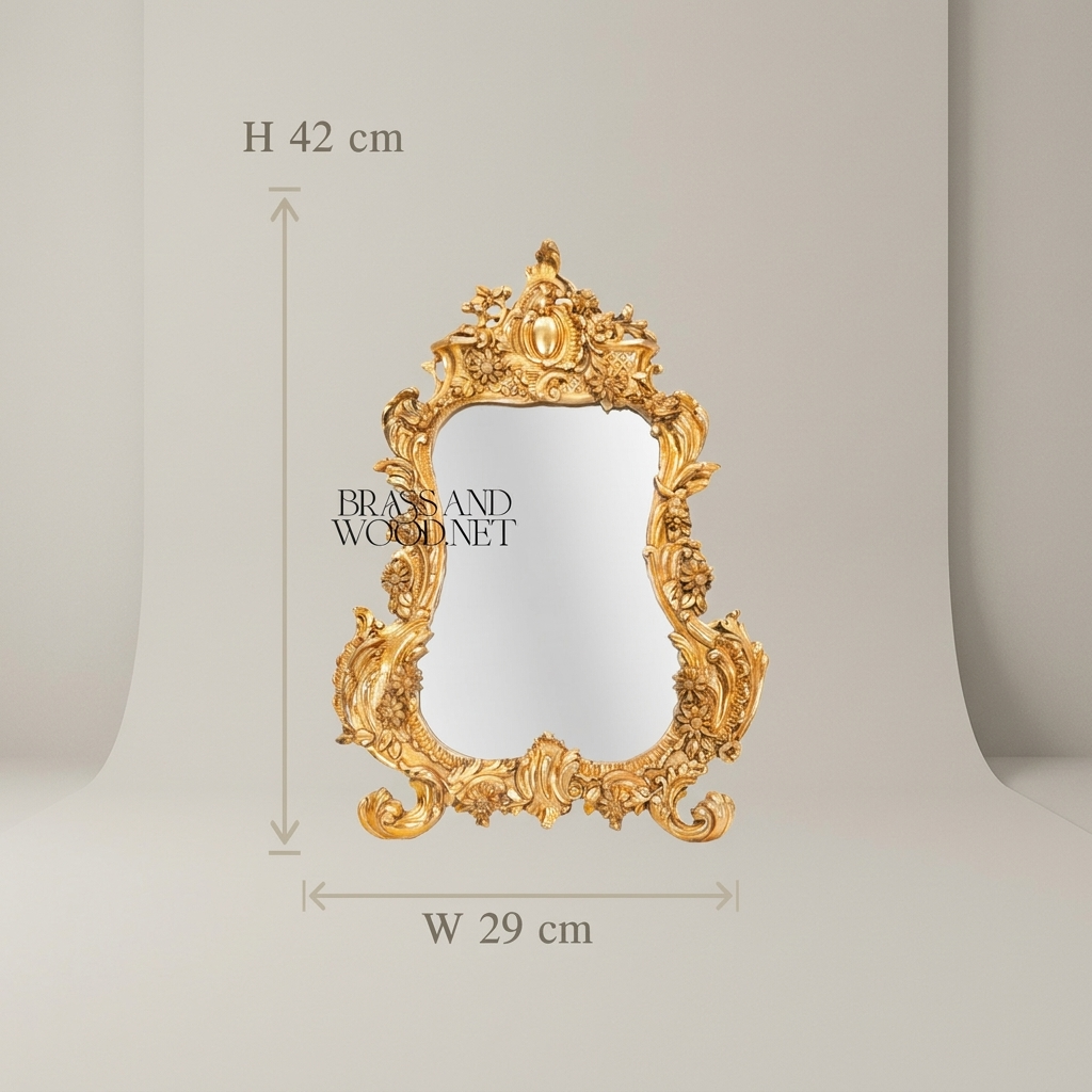 Rococo Hand-Carved Mirror with Acanthus Crown & Floral Rocaille Frame — Antique Gold