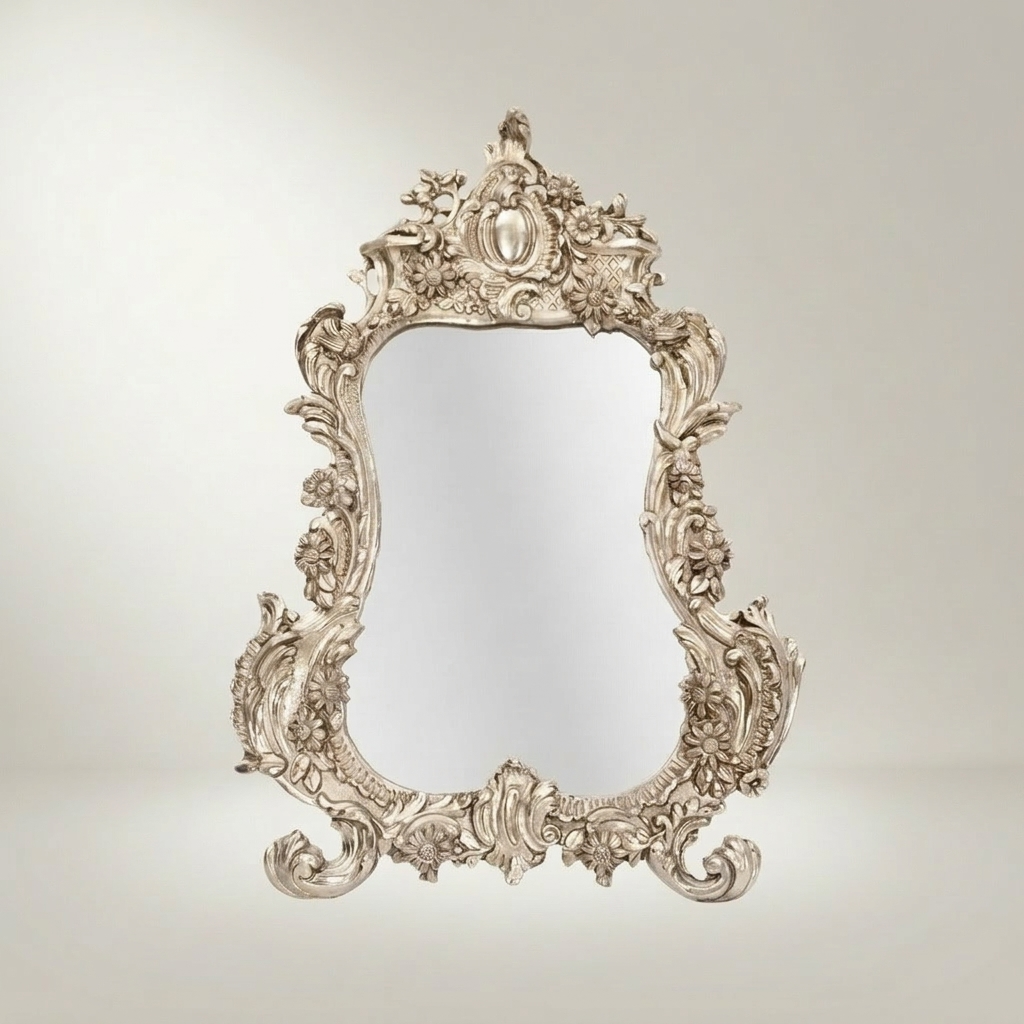 Rococo Hand-Carved Mirror with Acanthus Crown & Floral Rocaille Frame — Silver