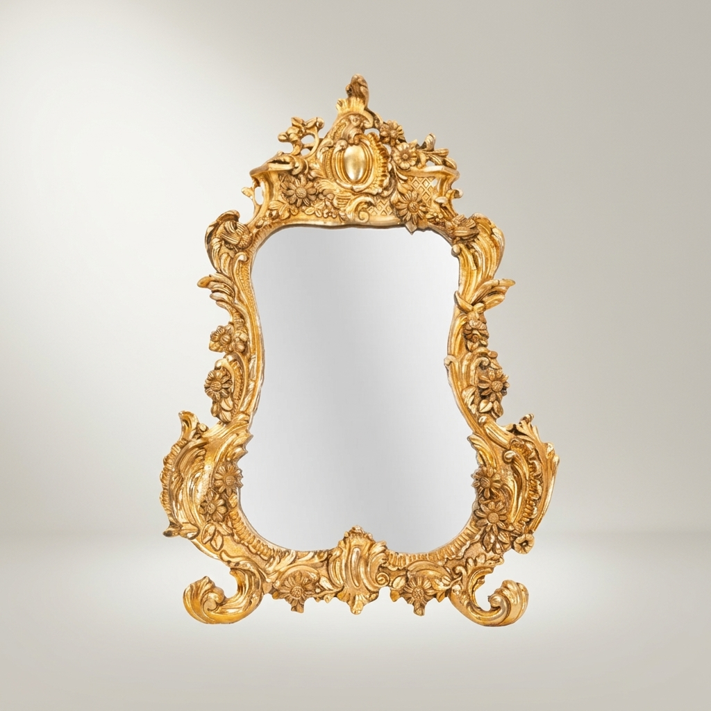 Rococo Hand-Carved Mirror with Acanthus Crown & Floral Rocaille Frame — Antique Gold
