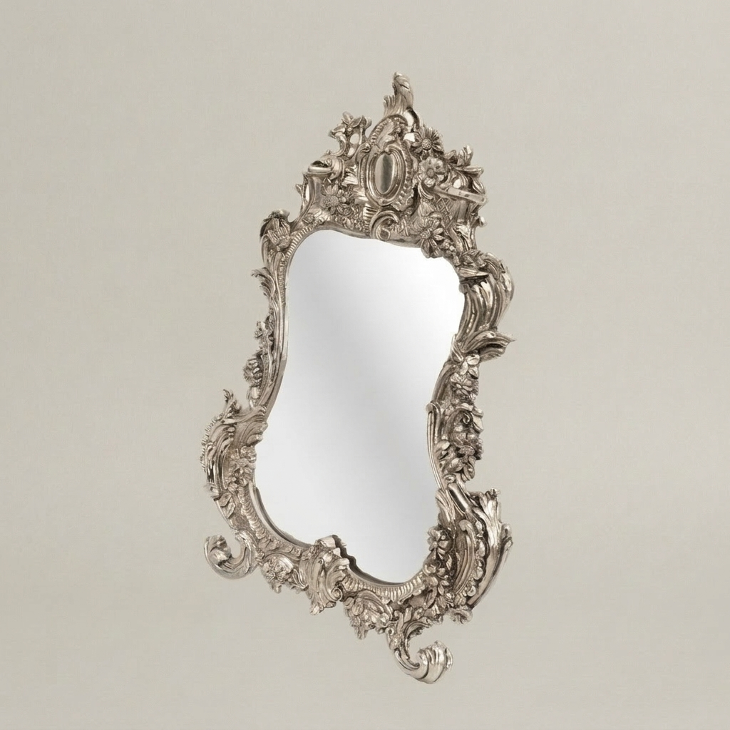 Rococo Hand-Carved Mirror with Acanthus Crown & Floral Rocaille Frame — Silver