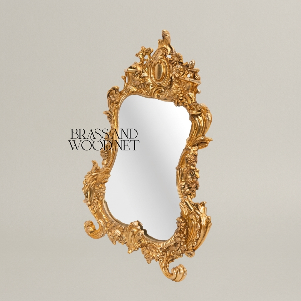 Rococo Hand-Carved Mirror with Acanthus Crown & Floral Rocaille Frame — Antique Gold