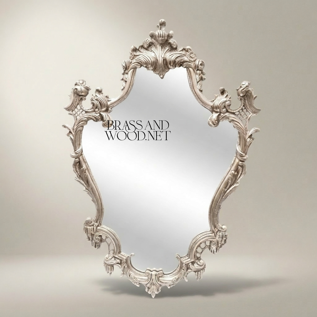 Rococo Hand-Carved Wall Mirror with Acanthus Crown & Scroll Frame — Silver