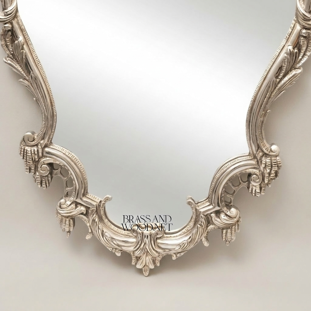 Rococo Hand-Carved Wall Mirror with Acanthus Crown & Scroll Frame — Silver
