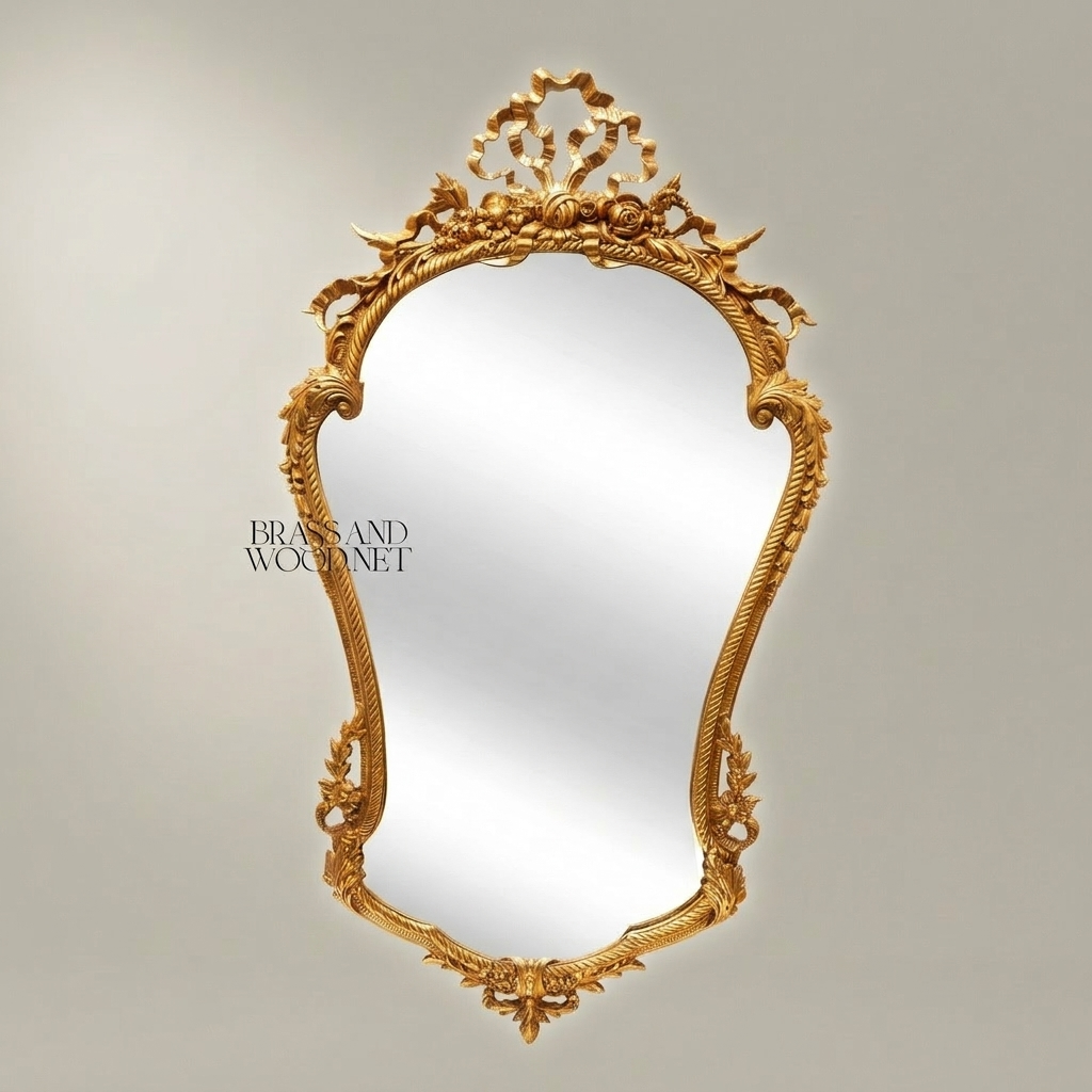 Rococo Hand-Carved Wall Mirror with Rose Garland Crown & Rope-Twist Frame