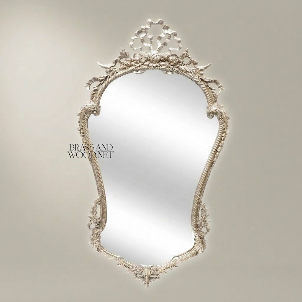 Rococo Hand-Carved Wall Mirror with Rose Garland Crown & Rope-Twist Frame — Silver