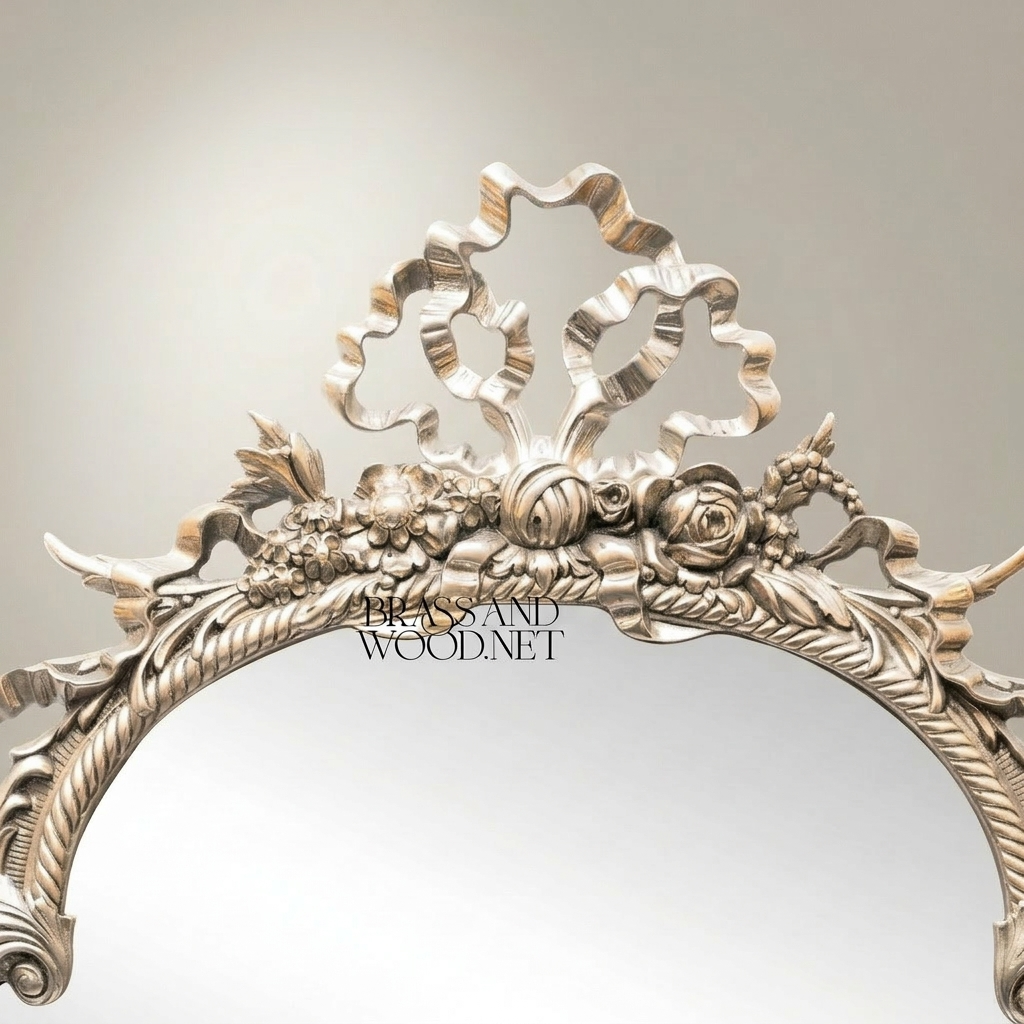 Rococo Hand-Carved Wall Mirror with Rose Garland Crown & Rope-Twist Frame — Silver