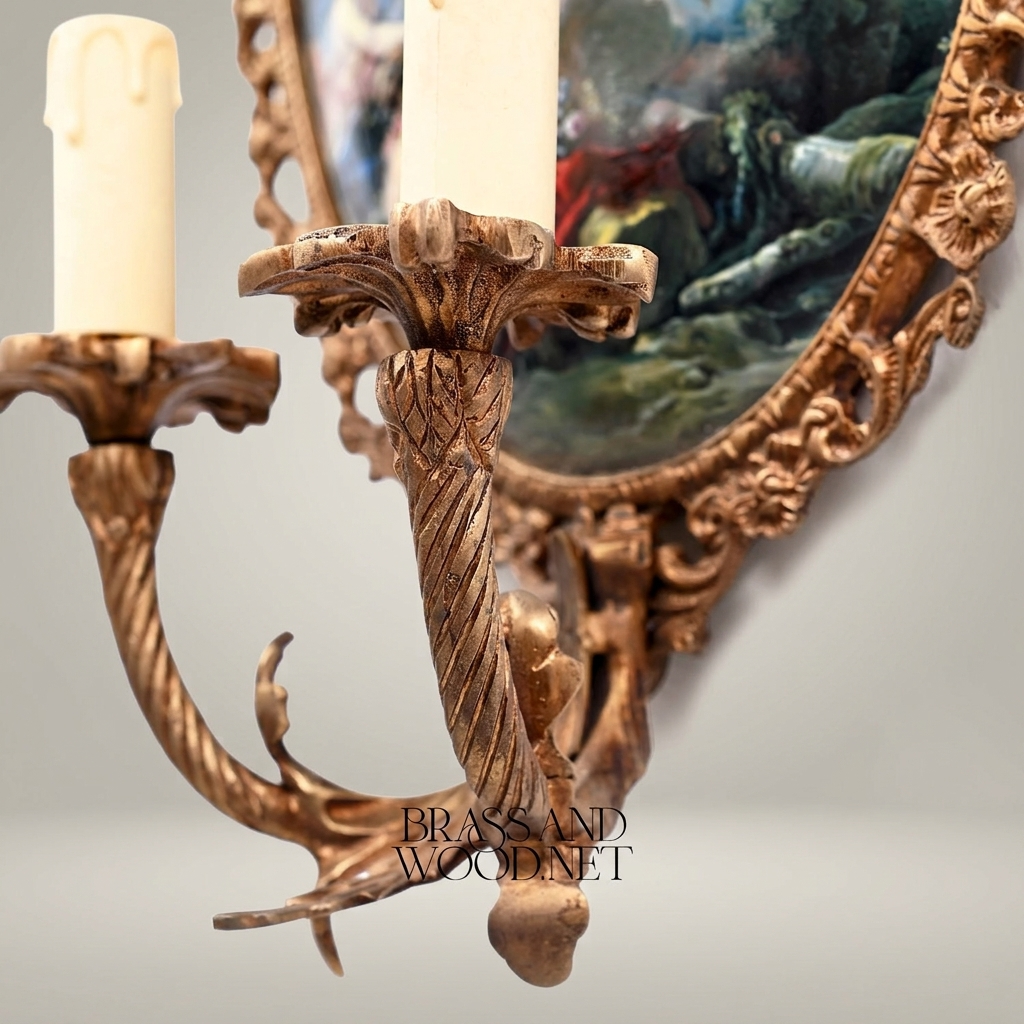 Rococo Hand-Carved Wall Sconce with Mythological Oval Painted Panel & Twin Candle Arms