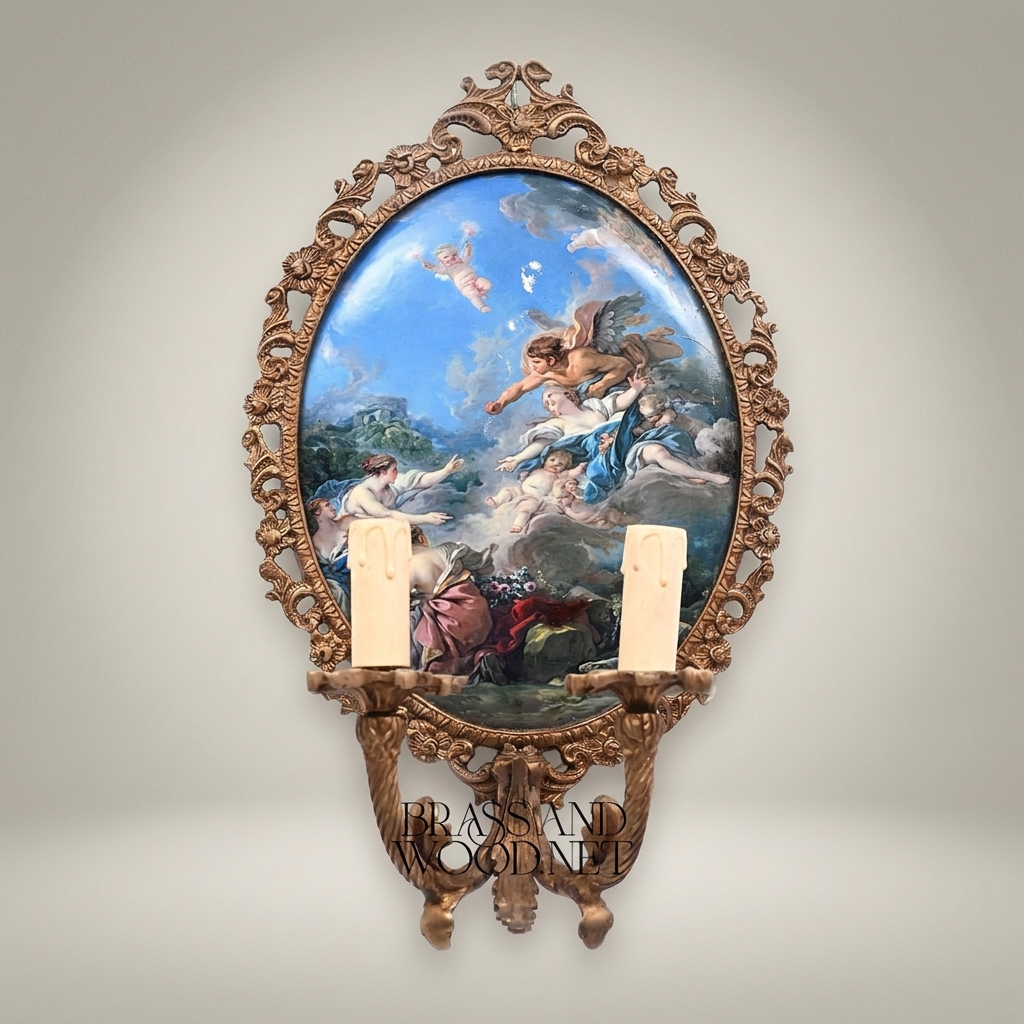 Rococo Hand-Carved Wall Sconce with Mythological Oval Painted Panel & Twin Candle Arms — Antique Gold