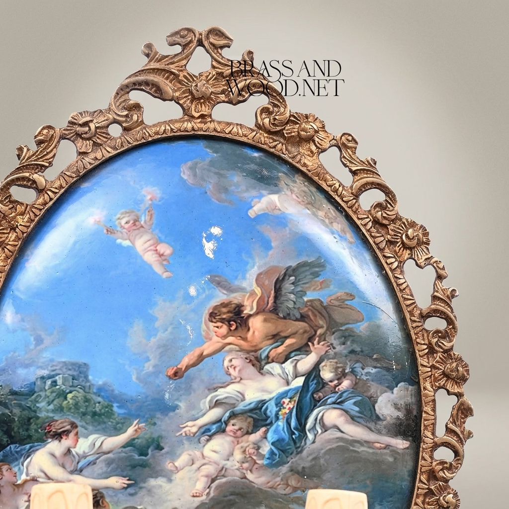 Rococo Hand-Carved Wall Sconce with Mythological Oval Painted Panel & Twin Candle Arms