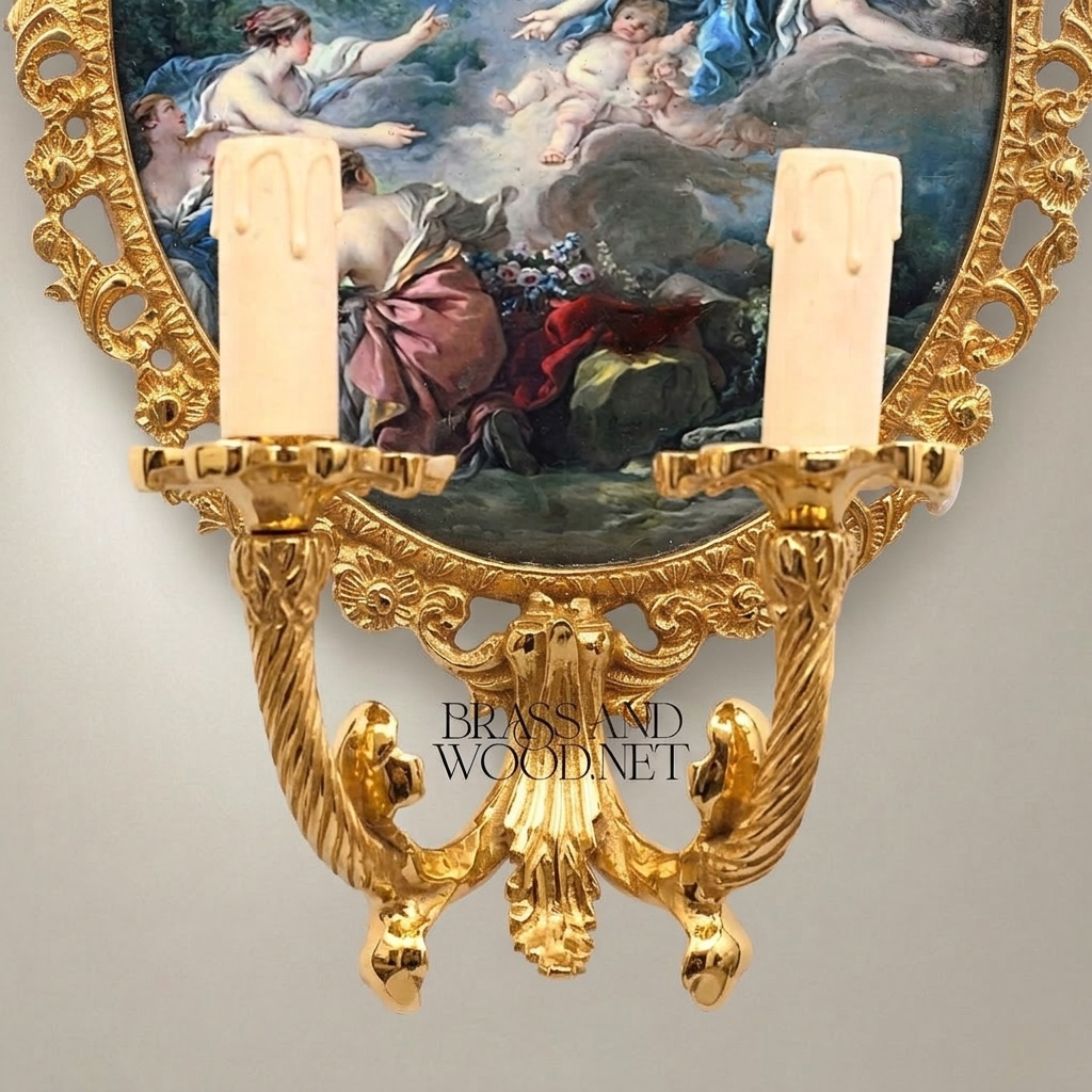 Rococo Hand-Carved Wall Sconce with Mythological Oval Painted Panel & Twin Candle Arms — Gold