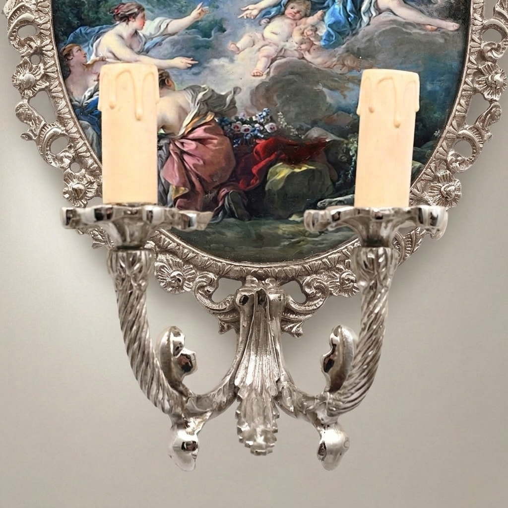Rococo Hand-Carved Wall Sconce with Mythological Oval Painted Panel & Twin Candle Arms — Silver