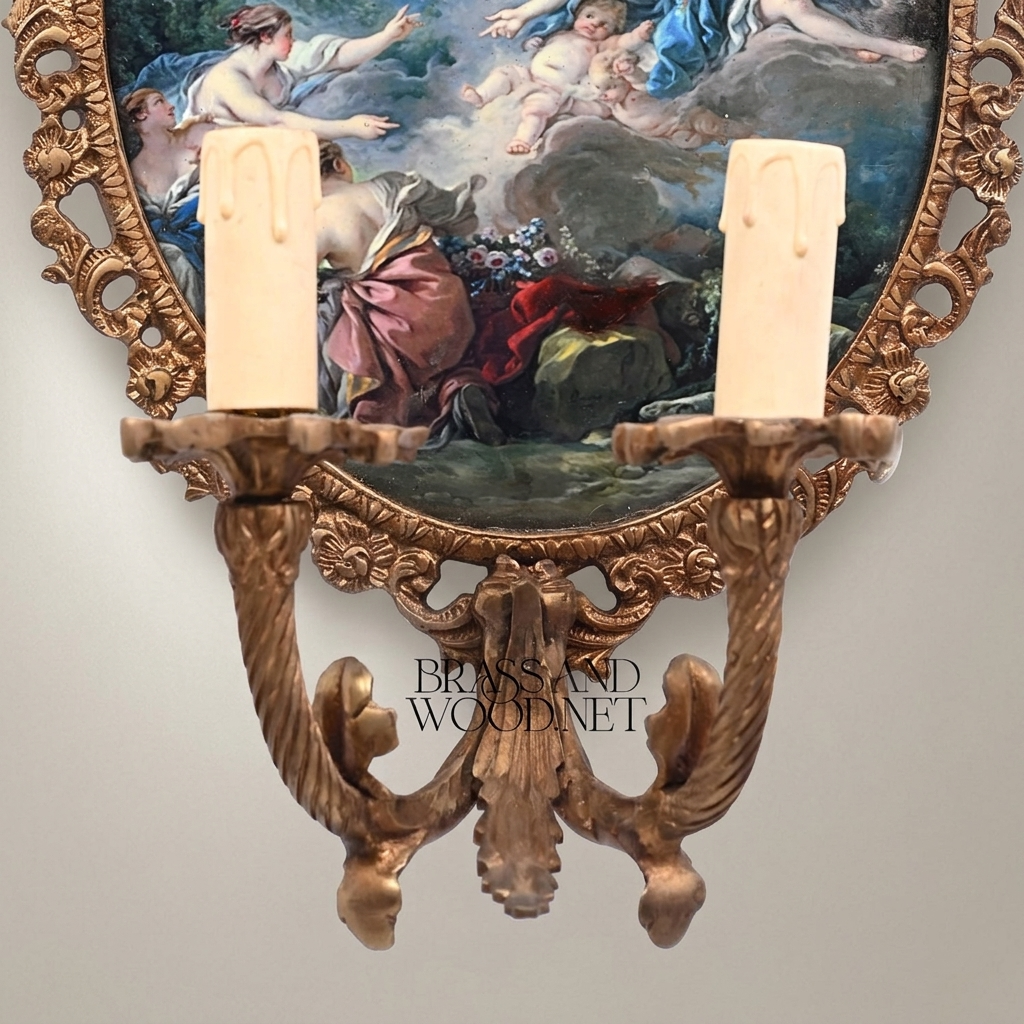 Rococo Hand-Carved Wall Sconce with Mythological Oval Painted Panel & Twin Candle Arms