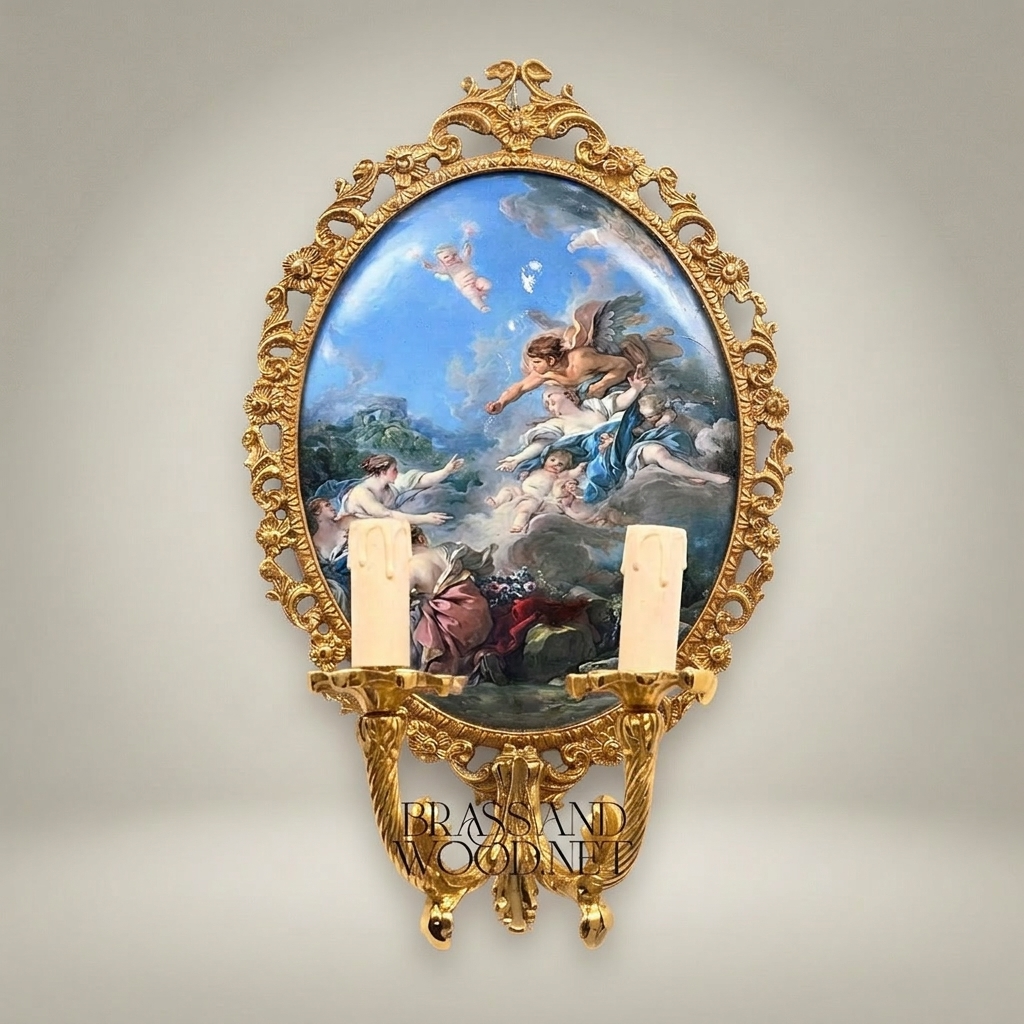 Rococo Hand-Carved Wall Sconce with Mythological Oval Painted Panel & Twin Candle Arms — Gold