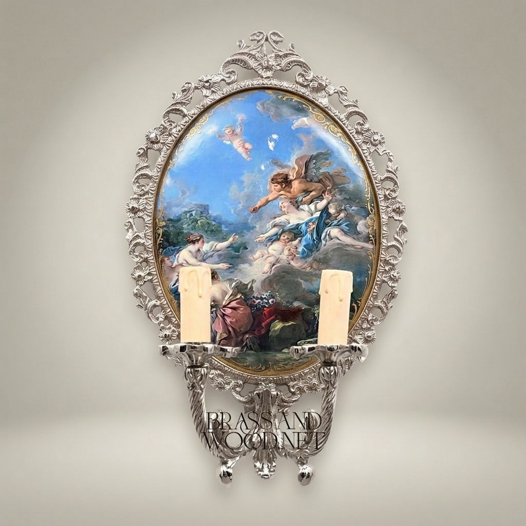 Rococo Hand-Carved Wall Sconce with Mythological Oval Painted Panel & Twin Candle Arms — Silver