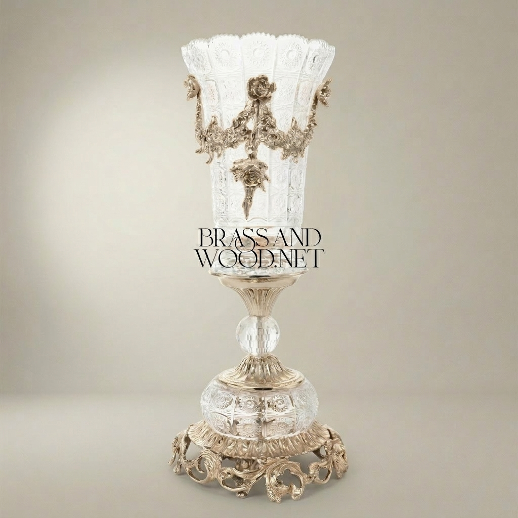 Rococo Crystal Chalice Vase with Ormolu Floral Swag Mounts on Sculpted Base — Silver