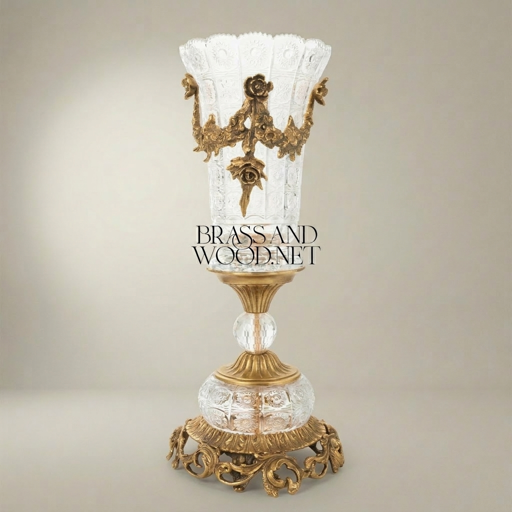 Rococo Crystal Chalice Vase with Ormolu Floral Swag Mounts on Sculpted Base — Antique Gold