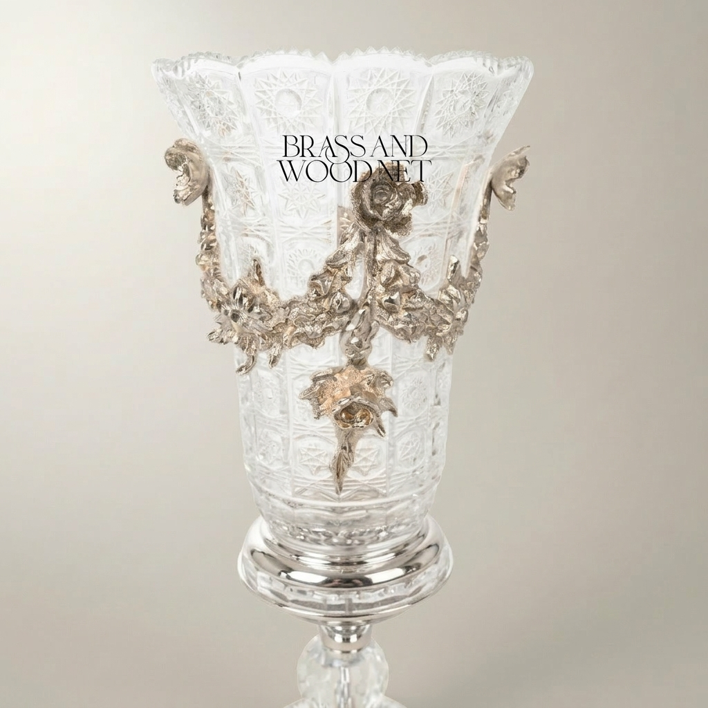Rococo Crystal Chalice Vase with Ormolu Floral Swag Mounts on Sculpted Base — Silver