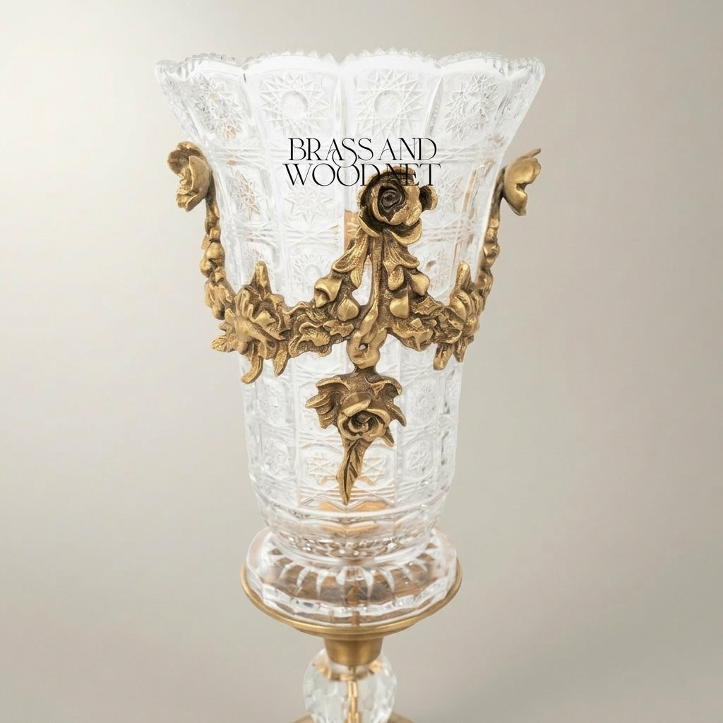 Rococo Crystal Chalice Vase with Ormolu Floral Swag Mounts on Sculpted Base — Antique Gold