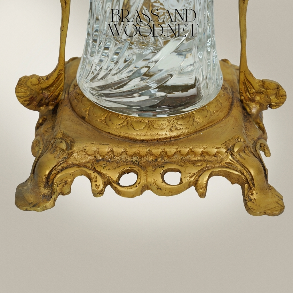 Rococo Hand-Cut Crystal Vase in Ornate Acanthus Brass Stand — Antique Gold