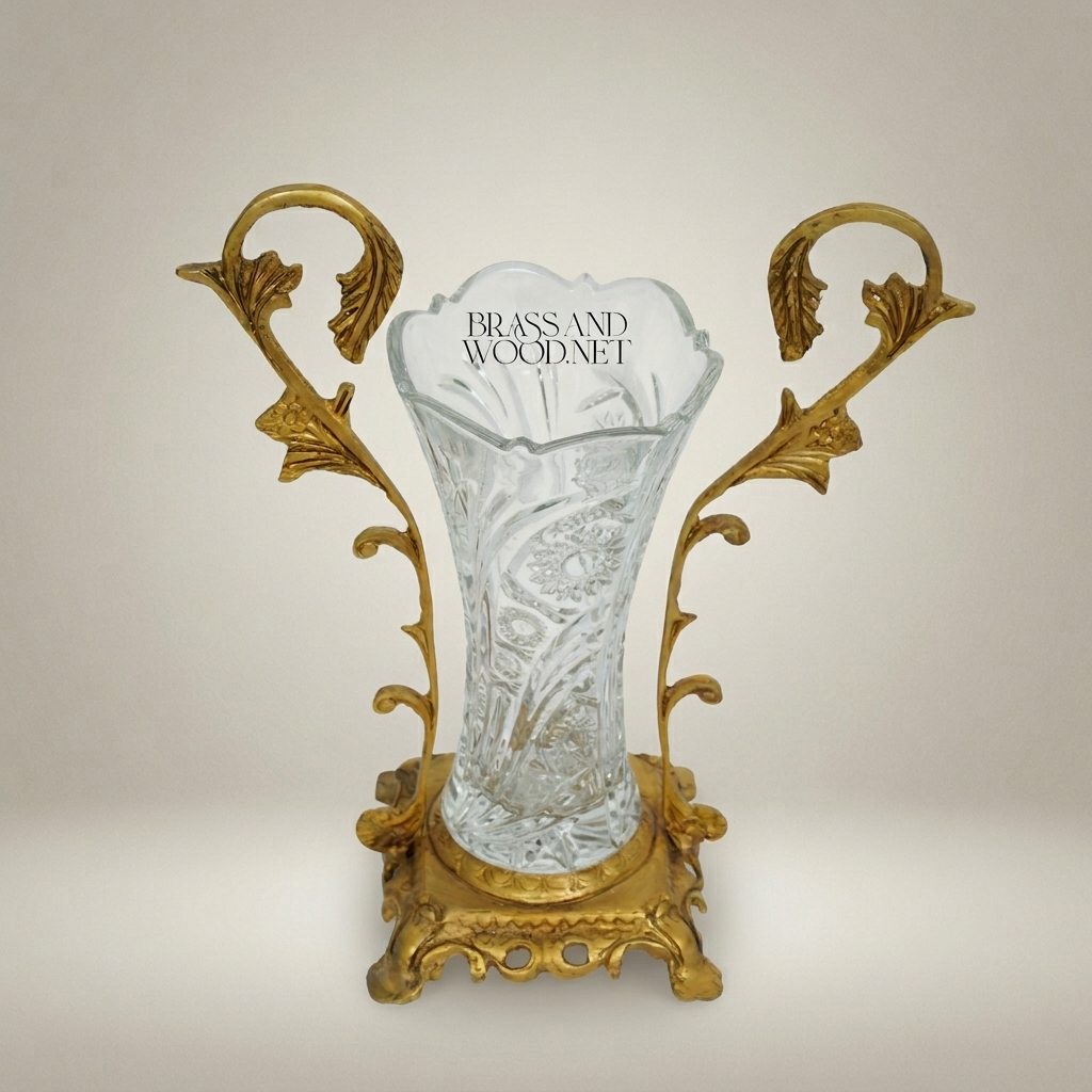 Rococo Hand-Cut Crystal Vase in Ornate Acanthus Brass Stand — Antique Gold