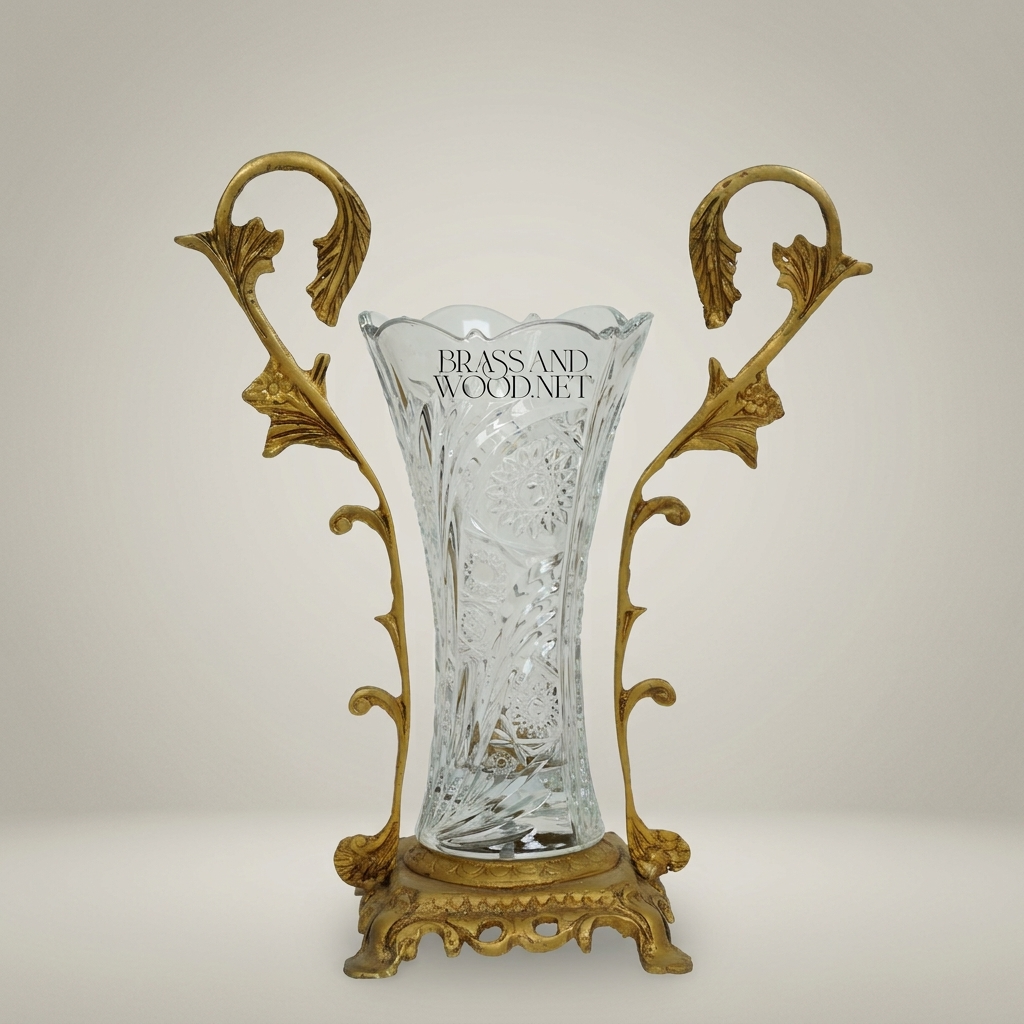Rococo Hand-Cut Crystal Vase in Ornate Acanthus Brass Stand — Antique Gold