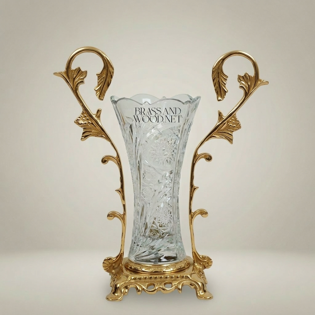 Rococo Hand-Cut Crystal Vase in Ornate Acanthus Brass Stand — Gold